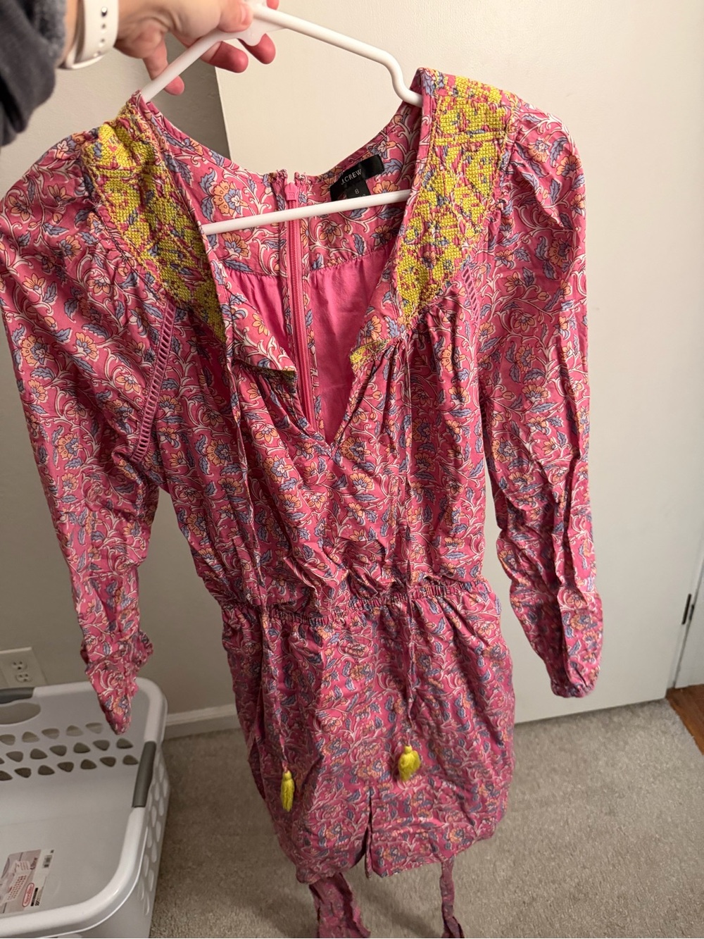 J. Crew Pink Paisley Smocked V-Neck Long Sleeve Dress with Yellow Accents